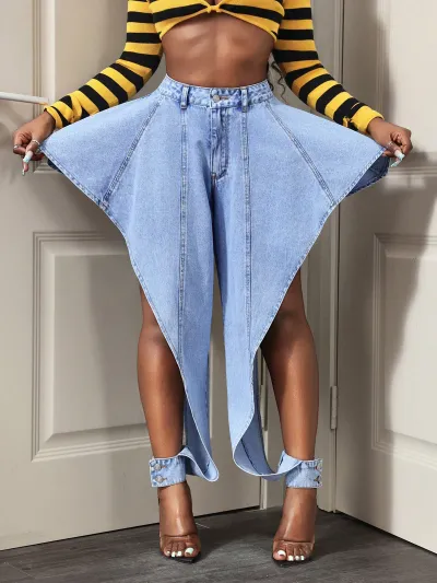 Women Creative Fashion High Waist Irregular Denim Shorts