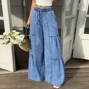 Women Fashion Loose Drawstring Denim Wide Leg Jeans