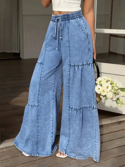 Women Fashion Loose Drawstring Denim Wide Leg Jeans