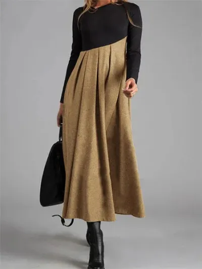 Women Fashion Casual Autumn And Winter Contrast Color Woolen V-Neck Long Sleeve Stitching Dress