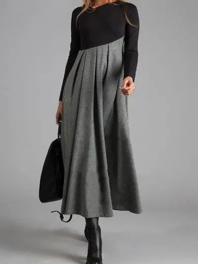 Women Fashion Casual Autumn And Winter Contrast Color Woolen V-Neck Long Sleeve Stitching Dress