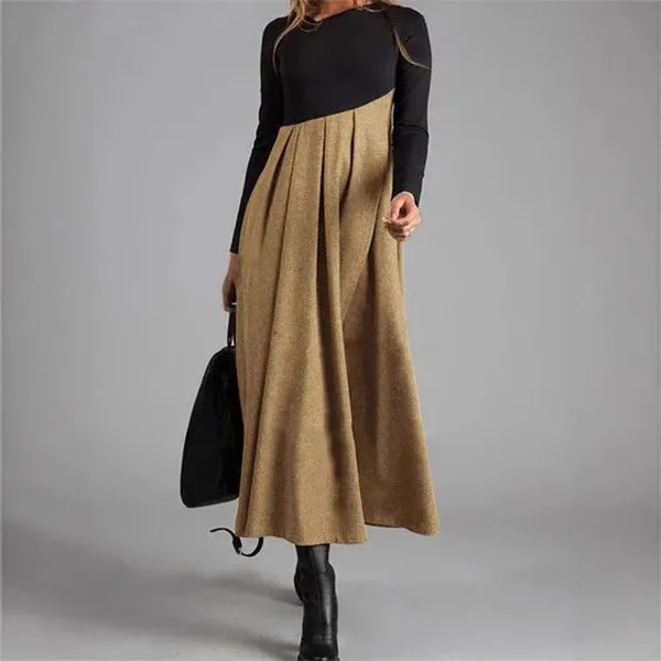Women Fashion Casual Autumn And Winter Contrast Color Woolen V-Neck Long Sleeve Stitching Dress