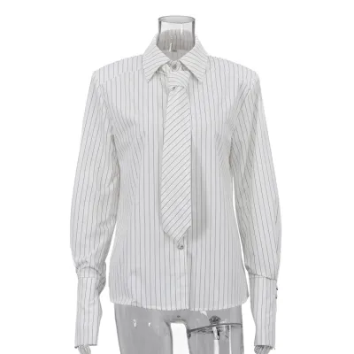 Women Fashion Simple Stripe Tie Shirt