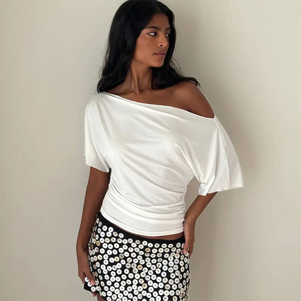 Women Fashion Slant Collar Solid Color T-Shirt
