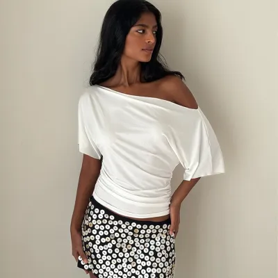 Women Fashion Slant Collar Solid Color T-Shirt
