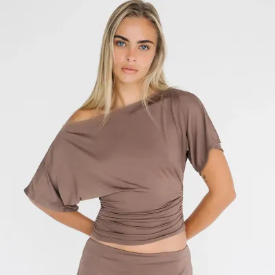Women Fashion Slant Collar Solid Color T-Shirt