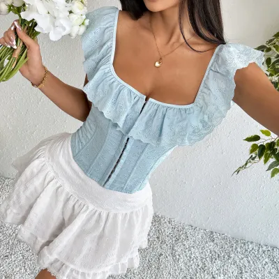 Women Sexy Off-Shoulder Ruffled Single-Breasted Tanks