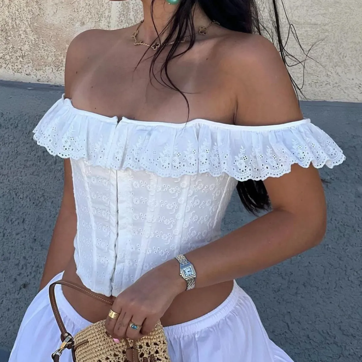 Women Sexy Off-Shoulder Ruffled Single-Breasted Tanks