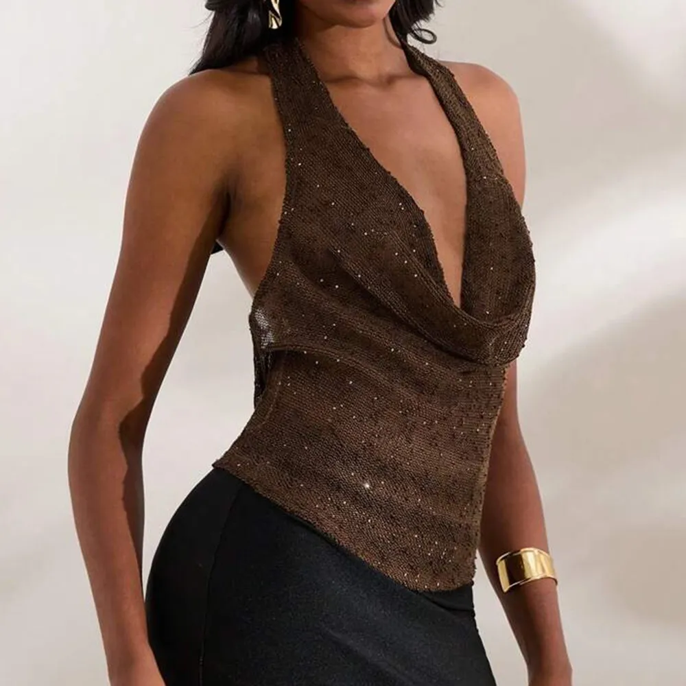 Women Sexy Neck V-Neck Sequins Tanks