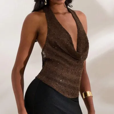Women Sexy Neck V-Neck Sequins Tanks