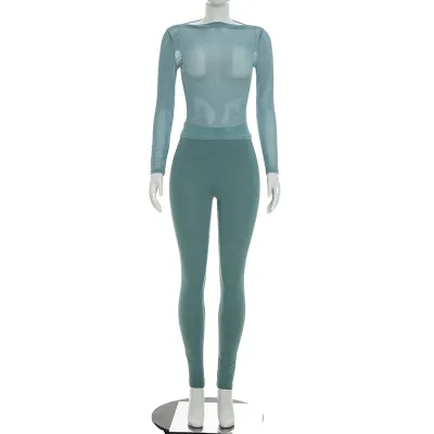 Women Fashion Sexy Solid Color Mesh Long Sleeve Top And Pants Two-Piece Set