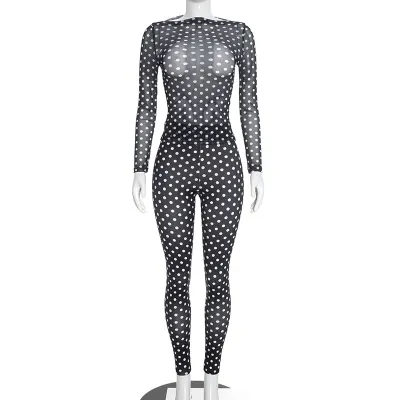 Women Fashion Sexy Solid Color Mesh Long Sleeve Top And Pants Two-Piece Set