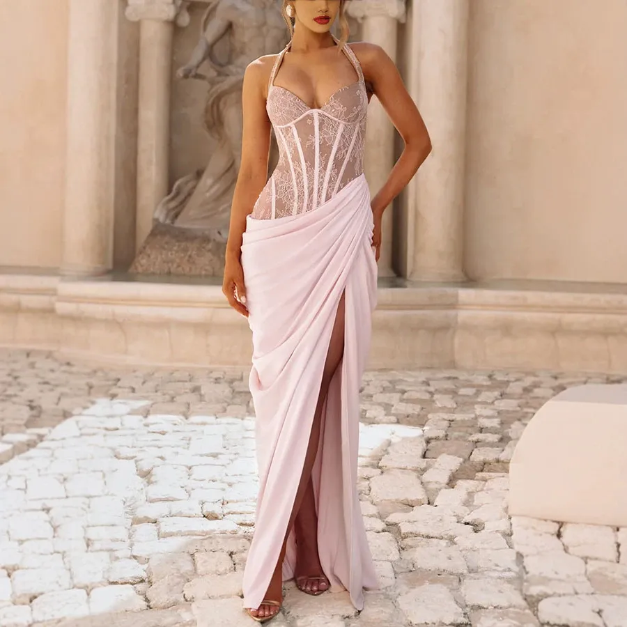 Women Fashion Sexy Elegant Spring And Summer Halter-Neck Lace-Up Lace Stitching Split Party Dress