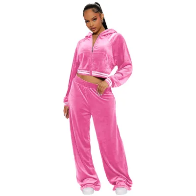 Autumn And Winter Athleisure Women Casual Suede Hoodie And Pants Two-Piece Set