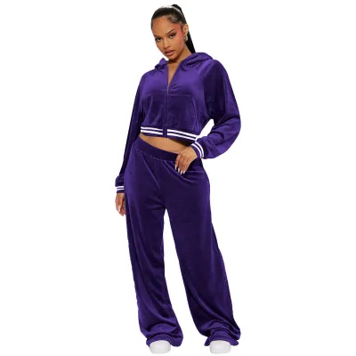 Autumn And Winter Athleisure Women Casual Suede Hoodie And Pants Two-Piece Set