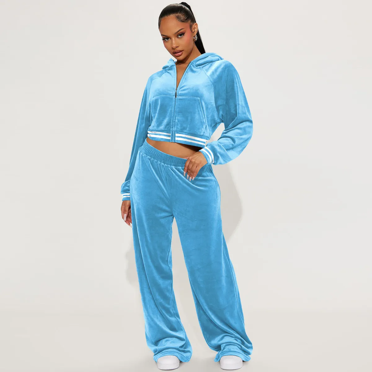 Autumn And Winter Athleisure Women Casual Suede Hoodie And Pants Two-Piece Set