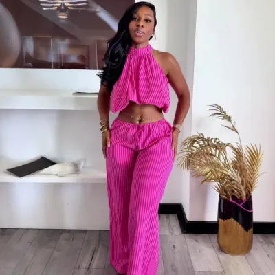 African Women Fashion Sleeveless Stripe Top And Trousers Two-Piece Set
