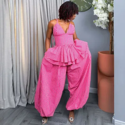 Women Casual Stripe Print Top And Pants Two-Piece Set