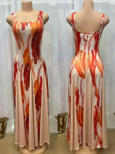 Women Fashion Printed Sleeveless Waisted Dress