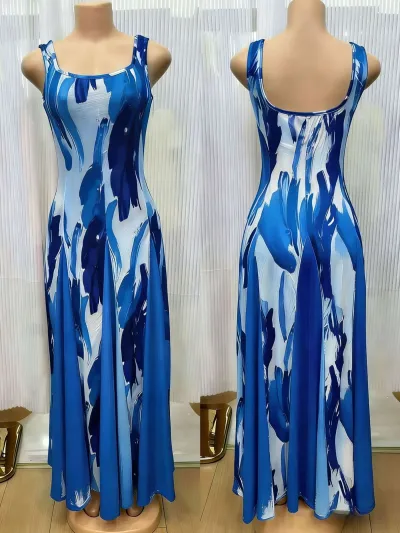 Women Fashion Printed Sleeveless Waisted Dress