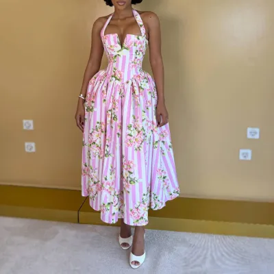 Women Fashion Floral Print Halter A- Line Dress