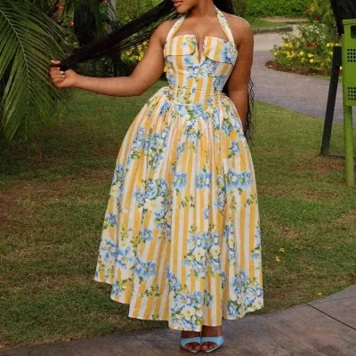 Women Fashion Floral Print Halter A- Line Dress