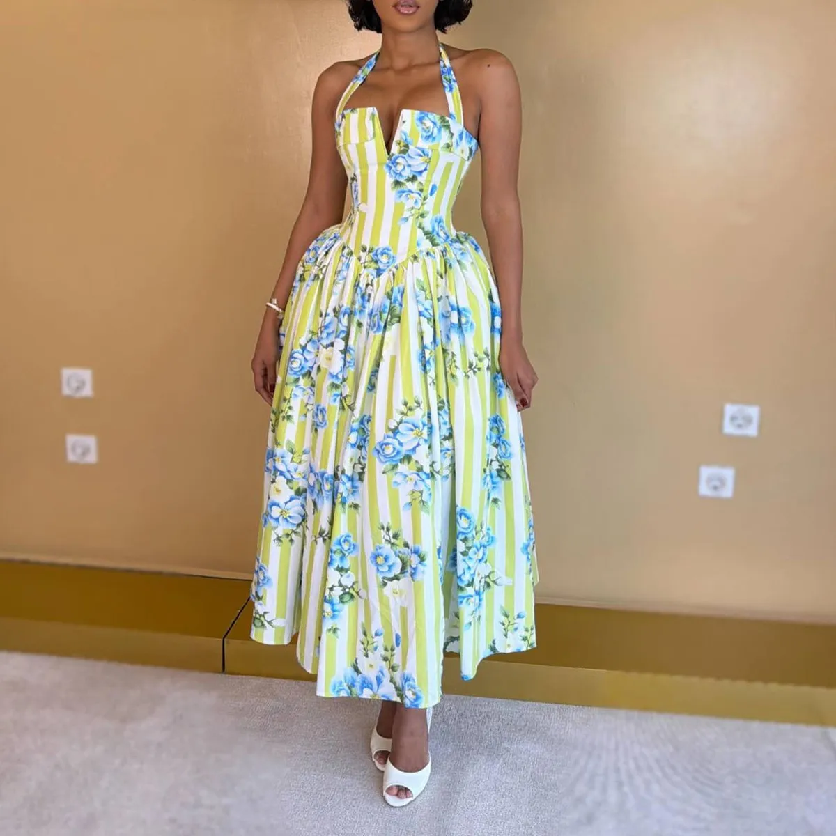Women Fashion Floral Print Halter A- Line Dress