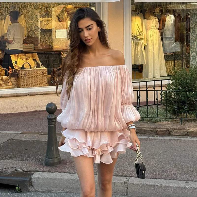 Women Fashion Solid Color Shoulder Long Sleeve Mini Dress