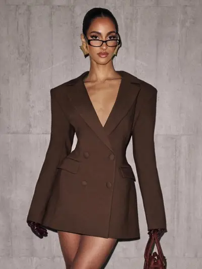 Women Fashion Solid-Color V-Neck Long-Sleeve Office Dress