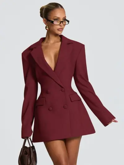 Women Fashion Solid-Color V-Neck Long-Sleeve Office Dress