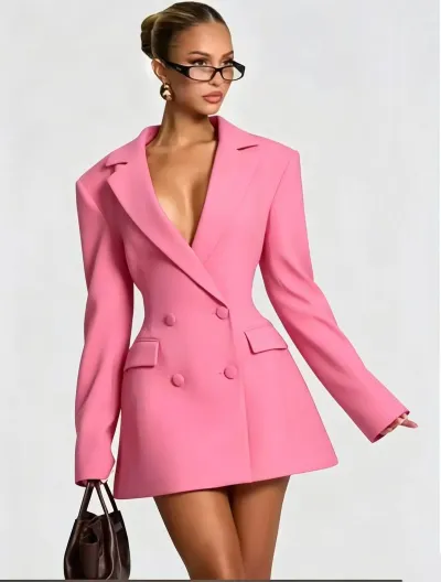 Women Fashion Solid-Color V-Neck Long-Sleeve Office Dress