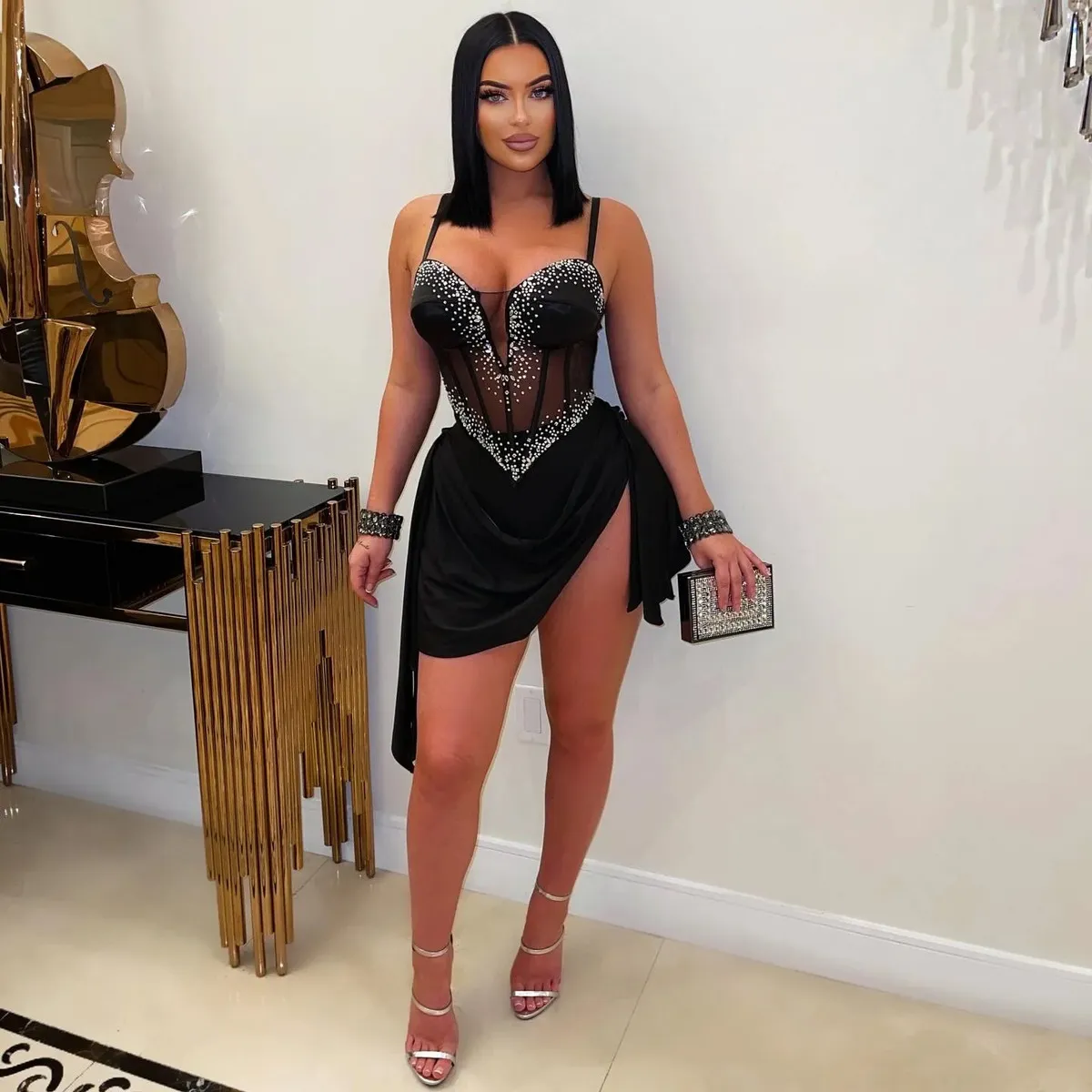 Women Sexy Wang Shuai Perspective Rhinestone V-Neck Strap Party Dress