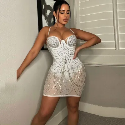 Women Sexy Rhinestone Fringe Chain Party Dress
