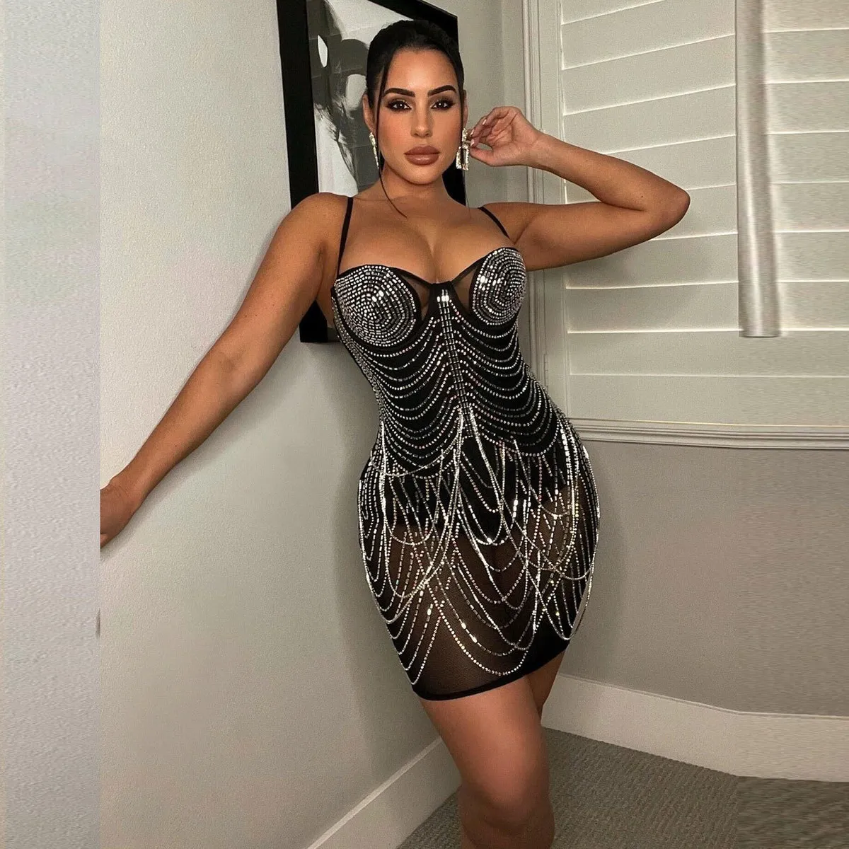 Women Sexy Rhinestone Fringe Chain Party Dress