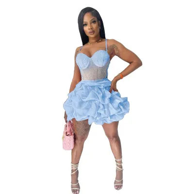 Women Sexy Rhinestone Stretch Strap Party Puff Dress