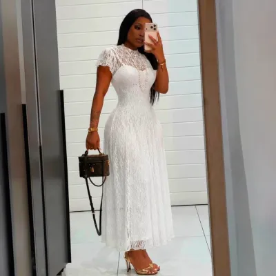Women Elegant Round Neck Lace Maxi Dress