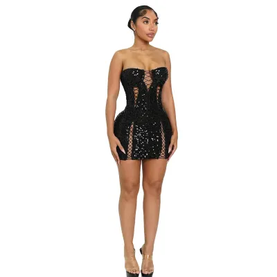 Women Sexy Sequin Lace-Up Strapless Party Dress