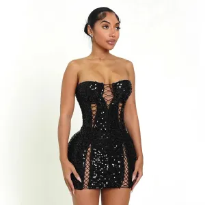 Women Sexy Sequin Lace-Up Strapless Party Dress