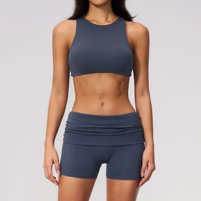 Women Fashion Solid Color Backless Bra Tight Shorts Quick-Drying Yoga Two-Piece Set