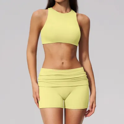 Women Fashion Solid Color Backless Bra Tight Shorts Quick-Drying Yoga Two-Piece Set