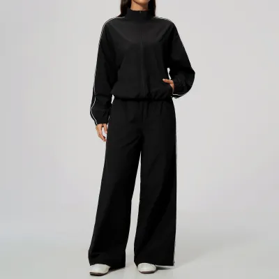 Women Fashion Casual Color Contrast Stand Collar Zipper Coat Loose Pants Breathable Quick-Drying Sports Two-Piece Set
