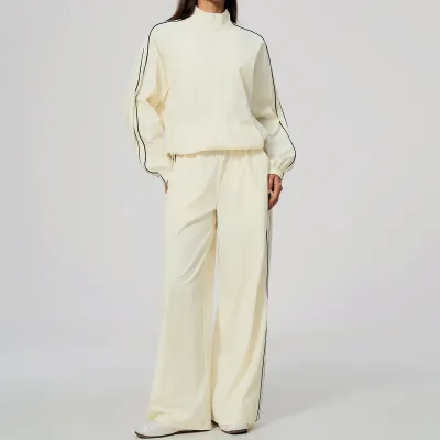 Women Fashion Casual Color Contrast Stand Collar Zipper Coat Loose Pants Breathable Quick-Drying Sports Two-Piece Set