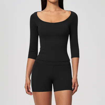Women Fashion Casual Solid Color Half Sleeve T-Shirt Tight Shorts Quick-Drying Breathable Yoga Two-Piece Set