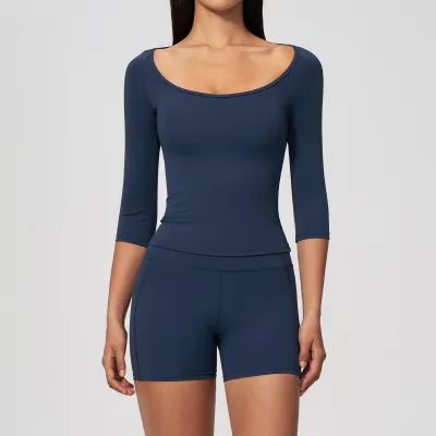 Women Fashion Casual Solid Color Half Sleeve T-Shirt Tight Shorts Quick-Drying Breathable Yoga Two-Piece Set