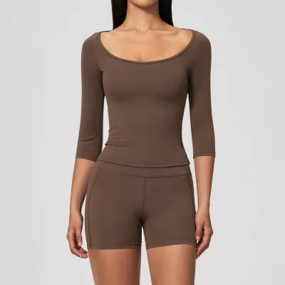 Women Fashion Casual Solid Color Half Sleeve T-Shirt Tight Shorts Quick-Drying Breathable Yoga Two-Piece Set