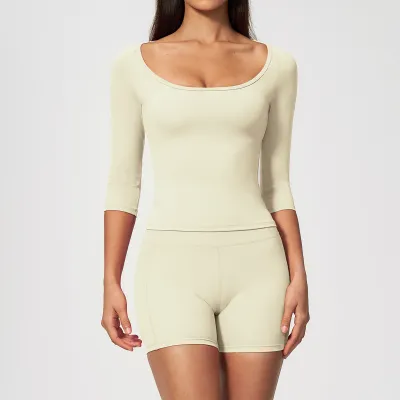 Women Fashion Casual Solid Color Half Sleeve T-Shirt Tight Shorts Quick-Drying Breathable Yoga Two-Piece Set
