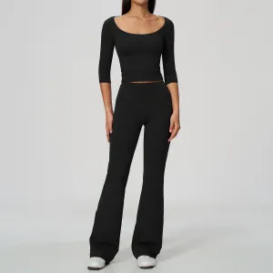 Women Fashion Casual Solid Color Short-Sleeve T-Shirt Flared Pants High Elastic Breathable Quick-Drying Sports Two-Piece Set