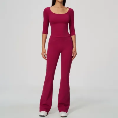 Women Fashion Casual Solid Color Short-Sleeve T-Shirt Flared Pants High Elastic Breathable Quick-Drying Sports Two-Piece Set