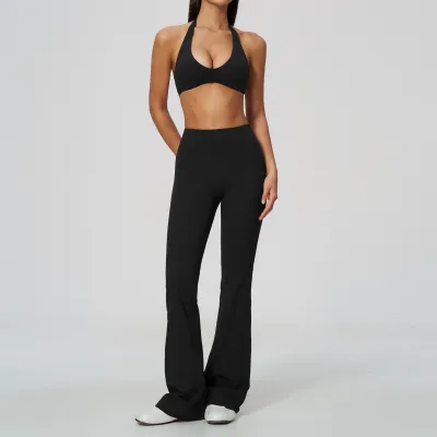 Women Fashion Solid Color Sanding Halter-Neck Backless Bra Flared Pants Thin High Elastic Yoga Two-Piece Set