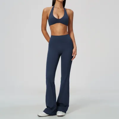 Women Fashion Solid Color Sanding Halter-Neck Backless Bra Flared Pants Thin High Elastic Yoga Two-Piece Set